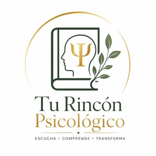 Tu Rincón Psicológico logo featuring an open book with psychology symbol and plant, text reads Escucha, Comprende, Transforma